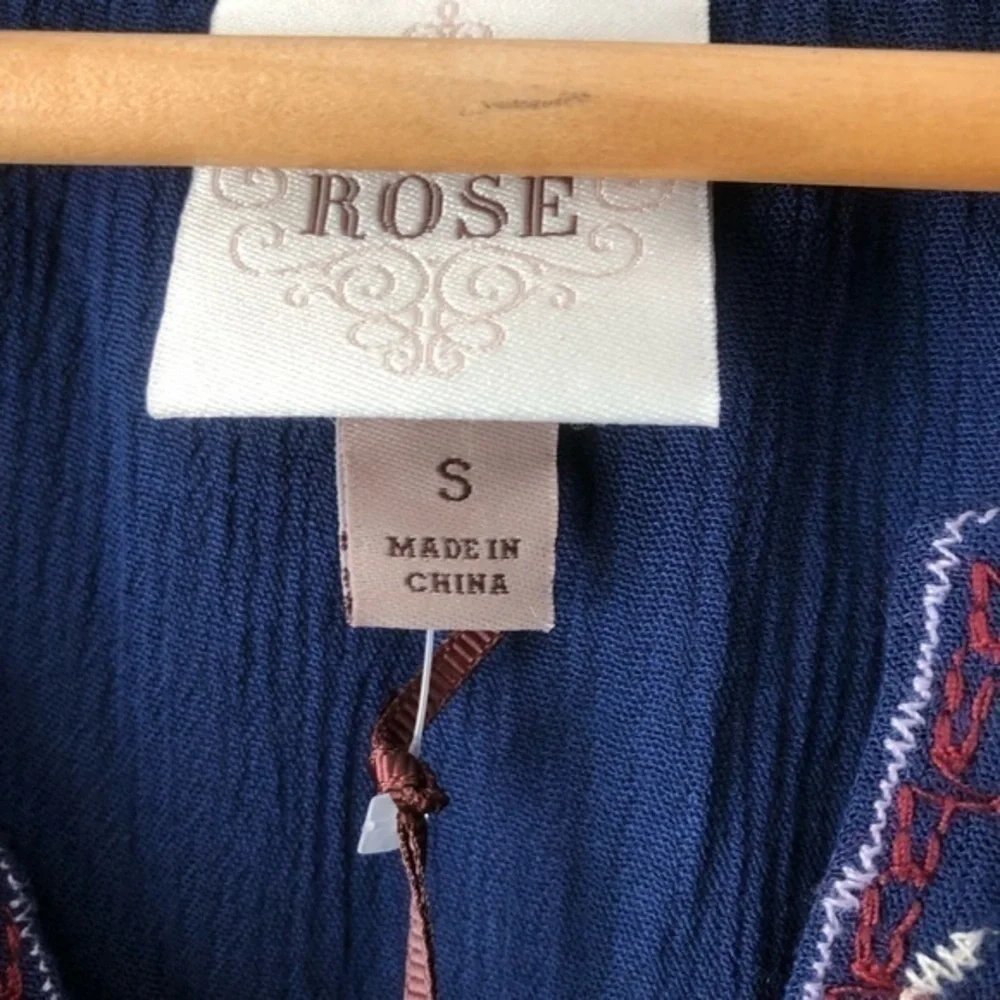 Knox Rose Starry Night Navy Blue Embroidered Boho Bell Sleeve Rayon Dress Sz S
